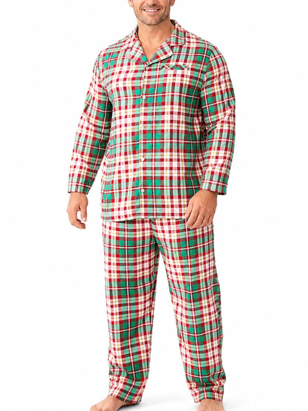 LT Men’s Red Green Plaid Christmas Pajama Set Button-Down Long Sleeve